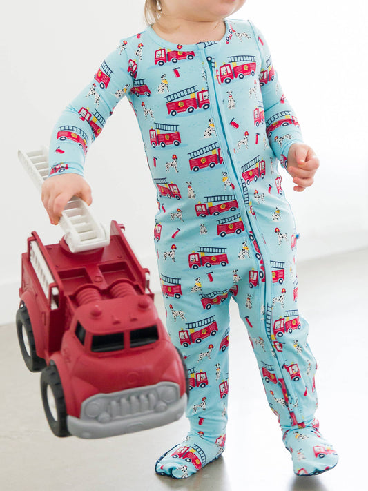 RB Boy Firetruck Pajamas Zipper Front Modeled