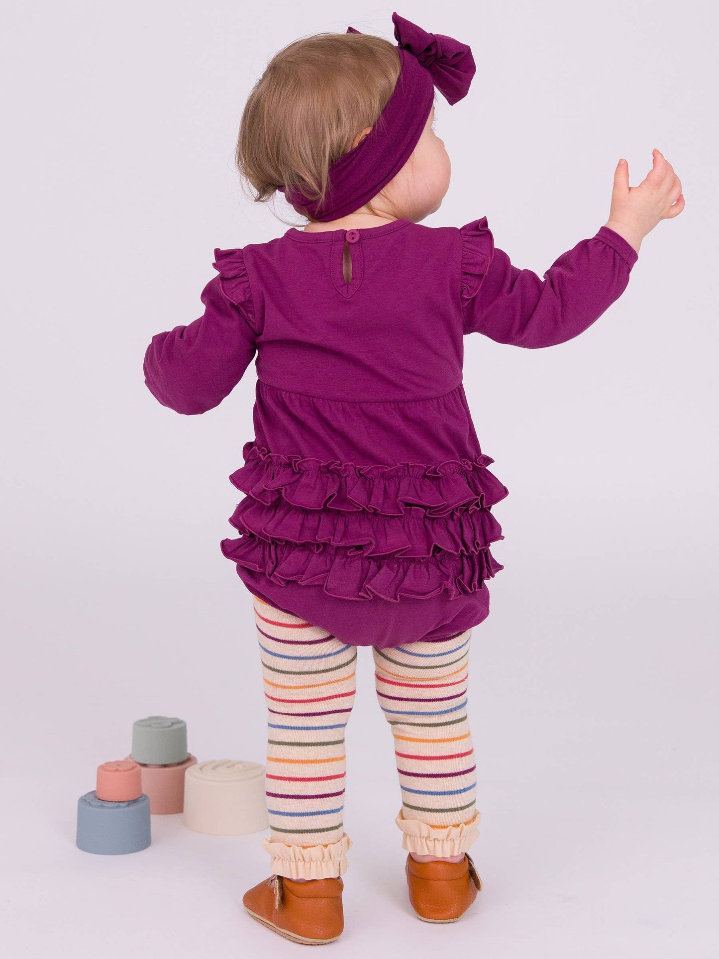 RB Girl Eggplant Ruffle Bubble Back Modeled