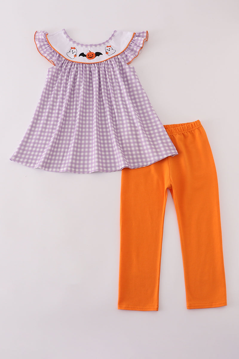 Purple Plaid Halloween Embroidered Pants Set