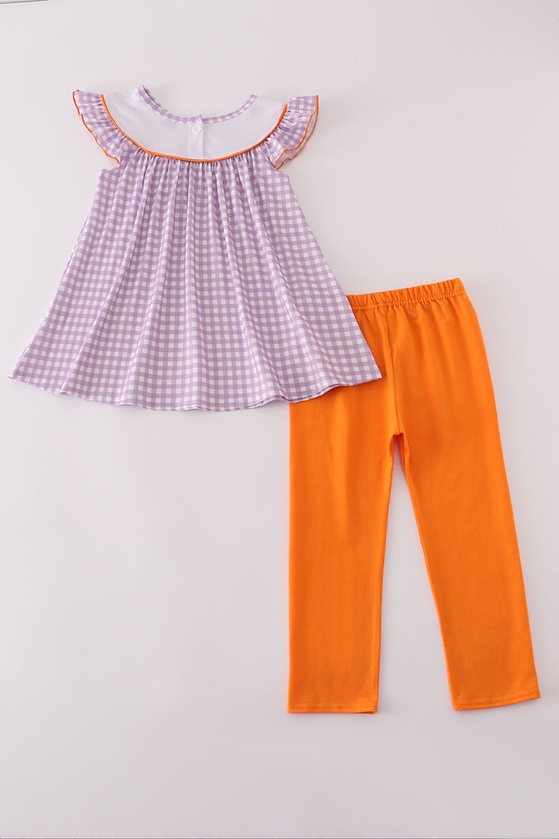 Purple Plaid Halloween Embroidered Pants Set