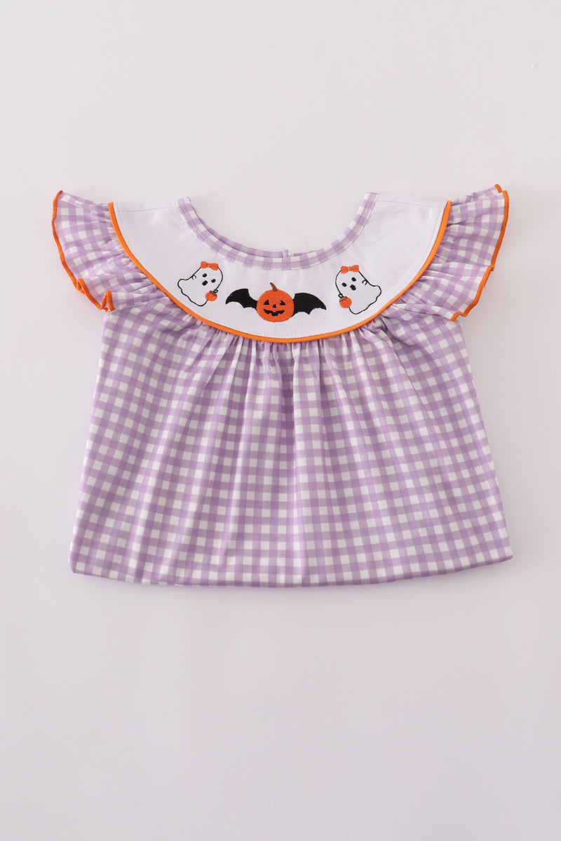 Purple Plaid Halloween Embroidered Pants Set