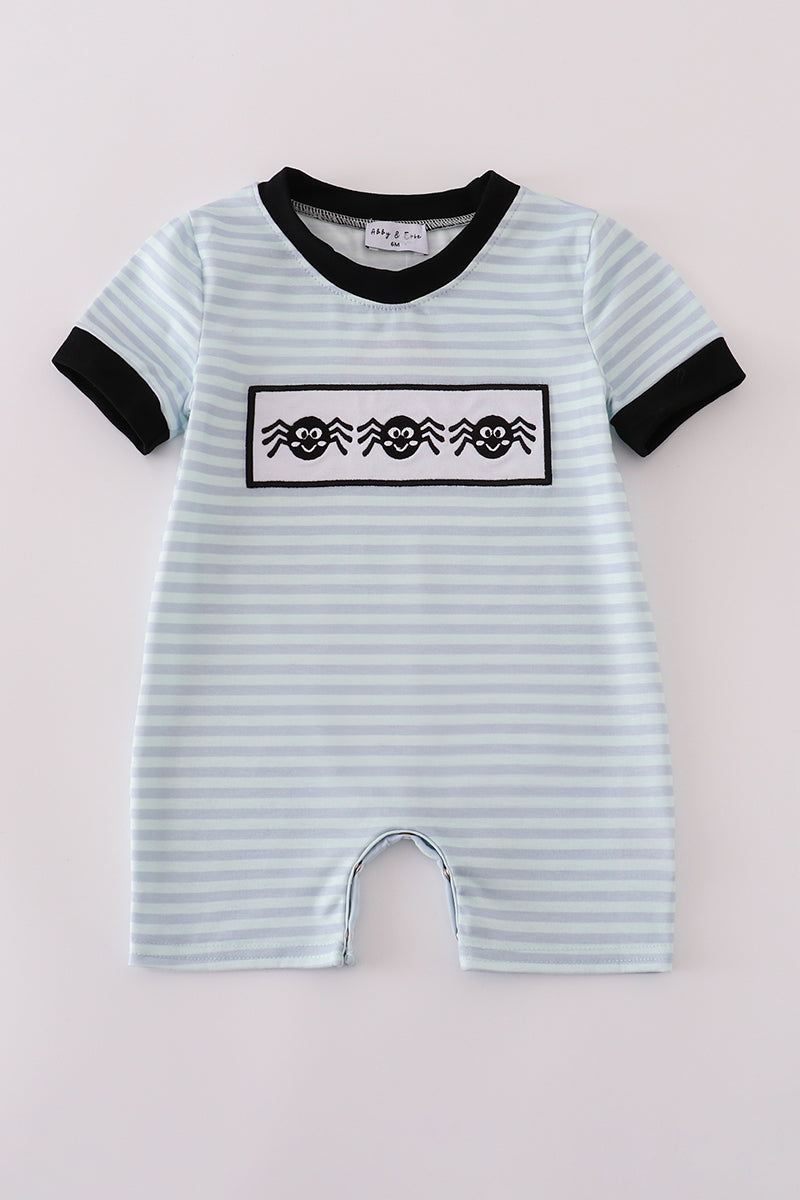 Blue Striped Halloween Romper with Spider Embriodered
