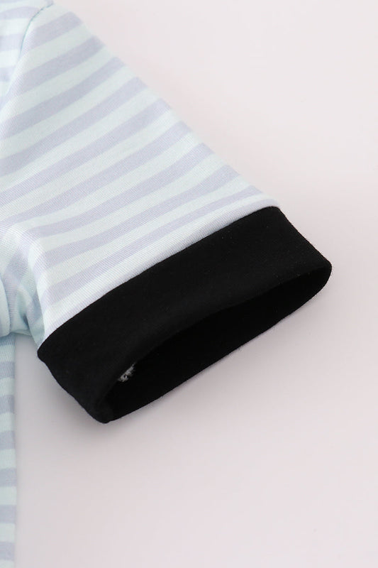 Blue Striped Halloween Romper with Spider Embriodered