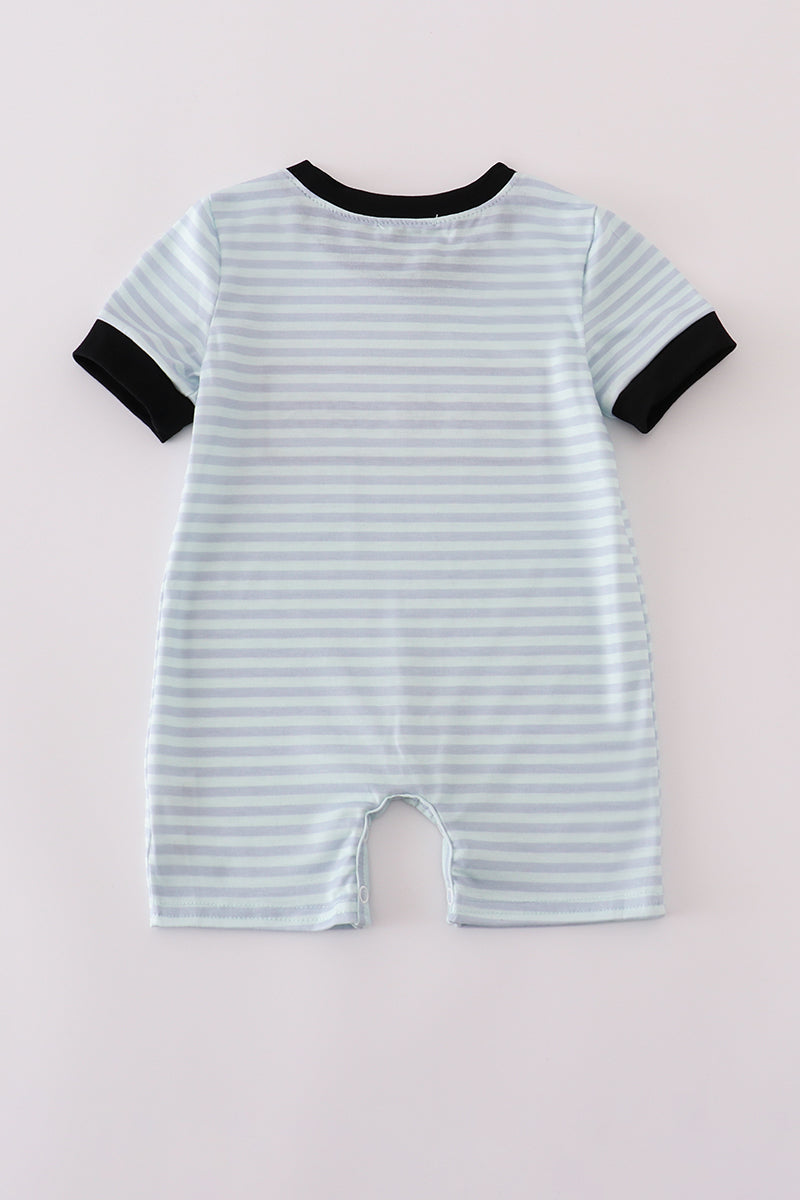 Blue Striped Halloween Romper with Spider Embriodered