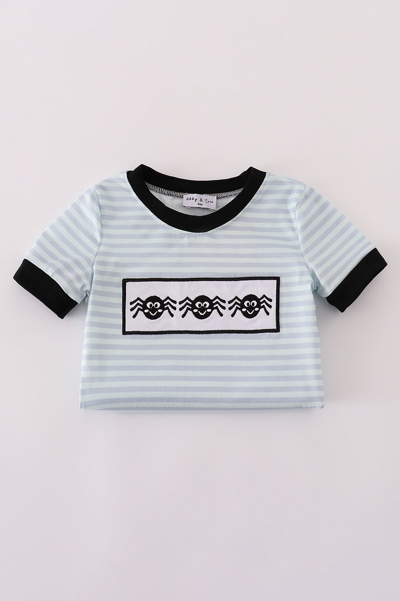 Blue Striped Halloween Romper with Spider Embriodered