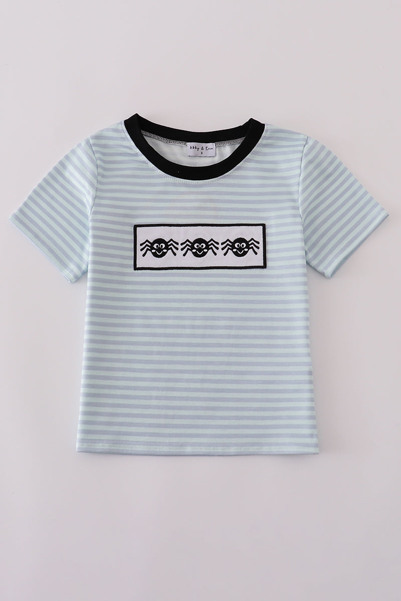 Blue Halloween Striped Shirt with Spiders Embriodered