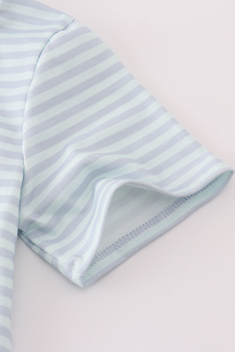 Blue Halloween Striped Shirt with Spiders Embriodered