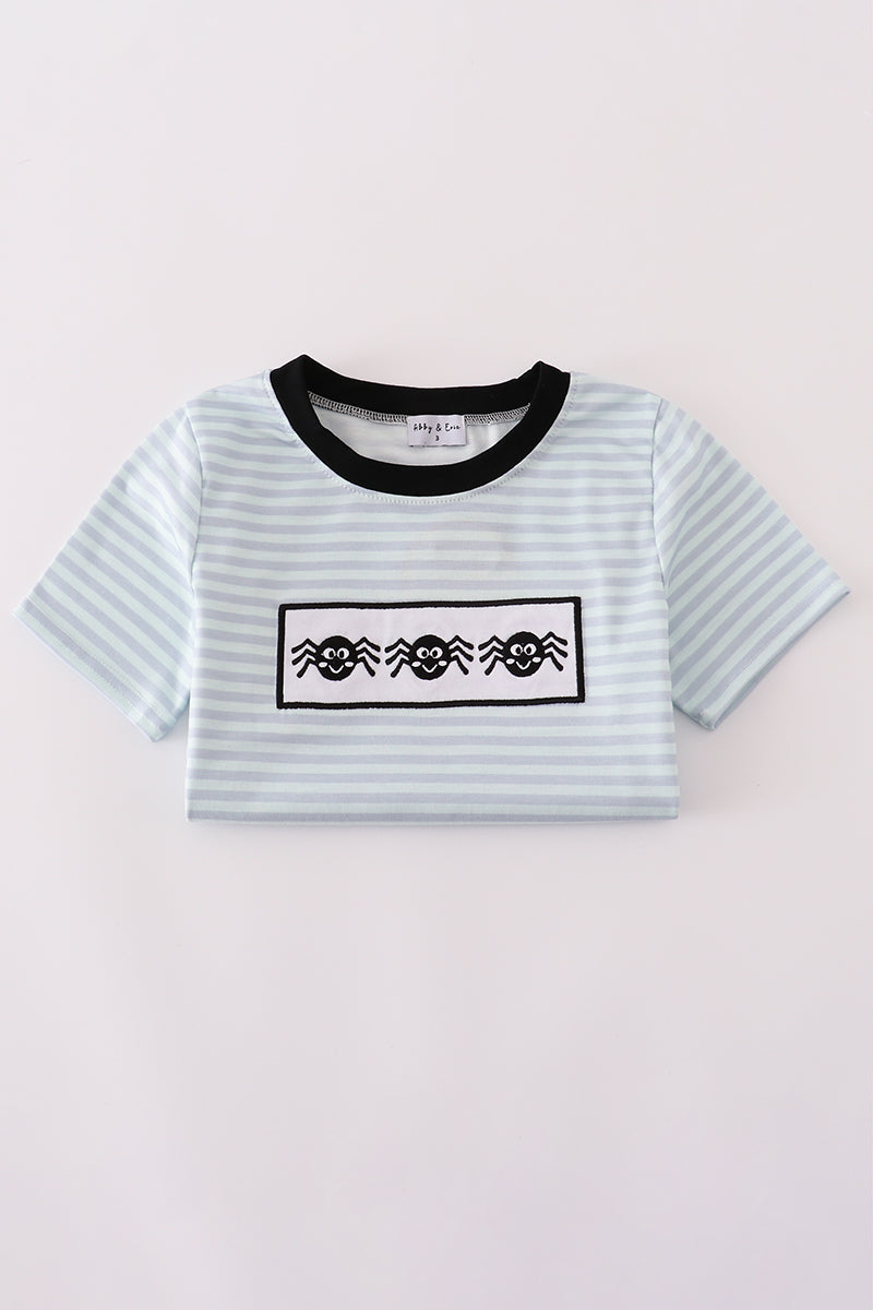 Blue Halloween Striped Shirt with Spiders Embriodered