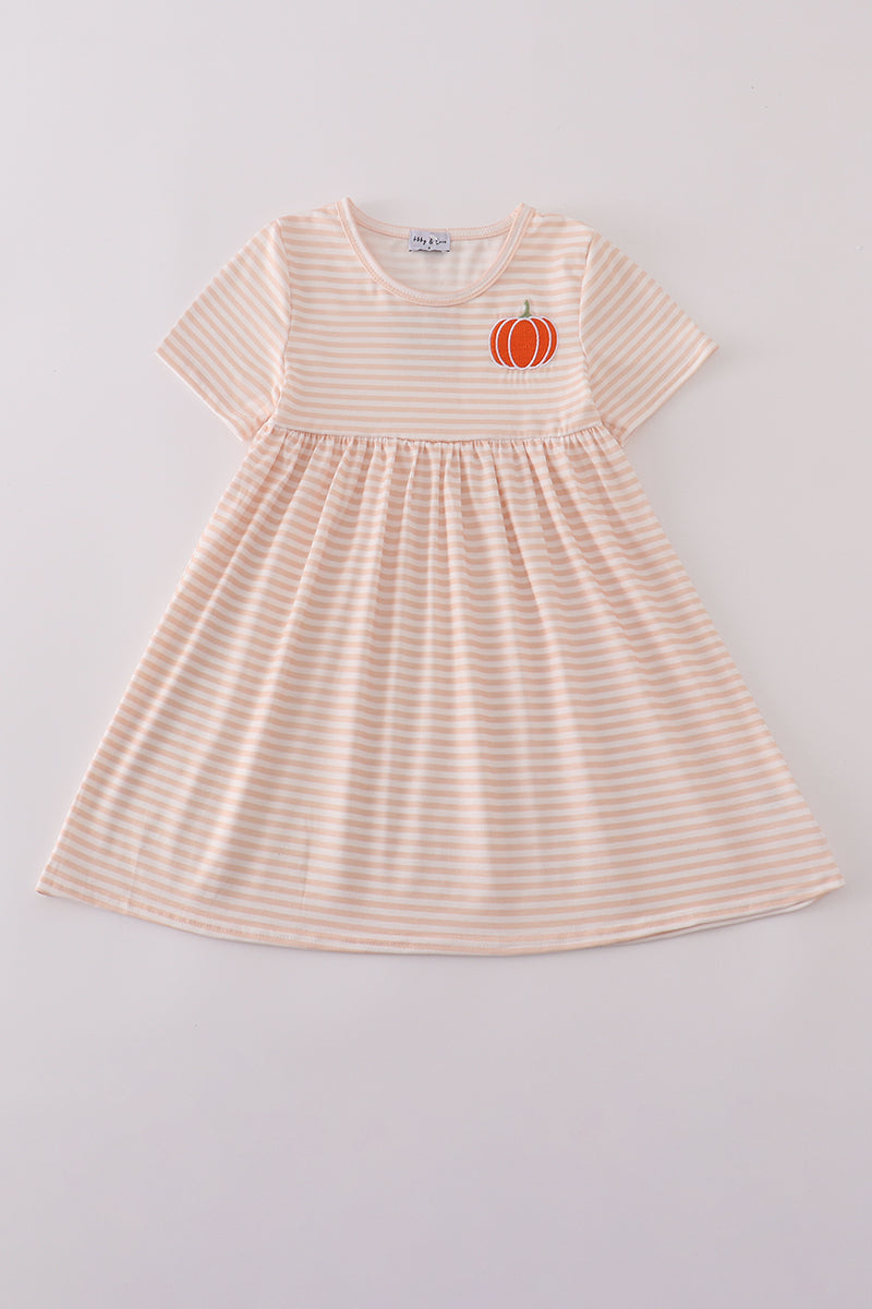 Orange Striped Dress with Embroidered Pumpkin