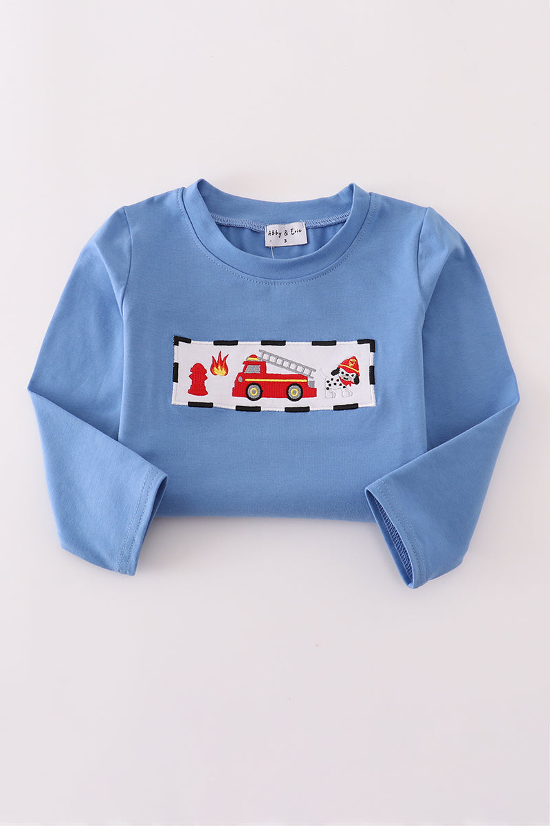 Long Sleeve Blue Fire Fighter Applique Shirt