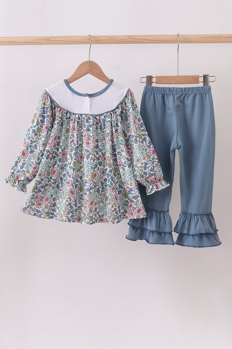 Smocked Floral Pants Set with Embroidered "Blessed"