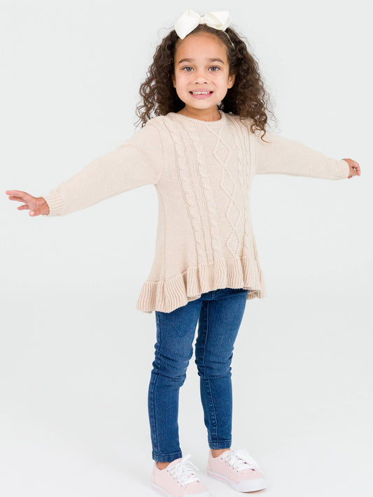 RB Girl Oatmeal Ruffle Knit Sweater Front Modeled
