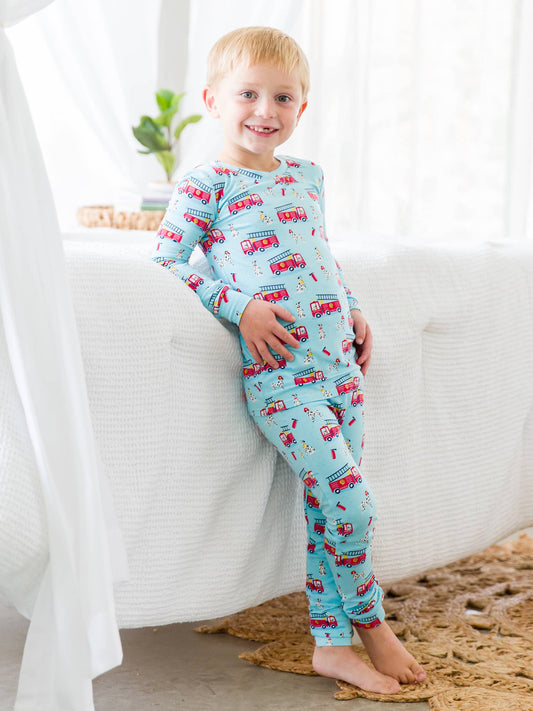 RB Boy Firetruck Pajamas Front Modeled