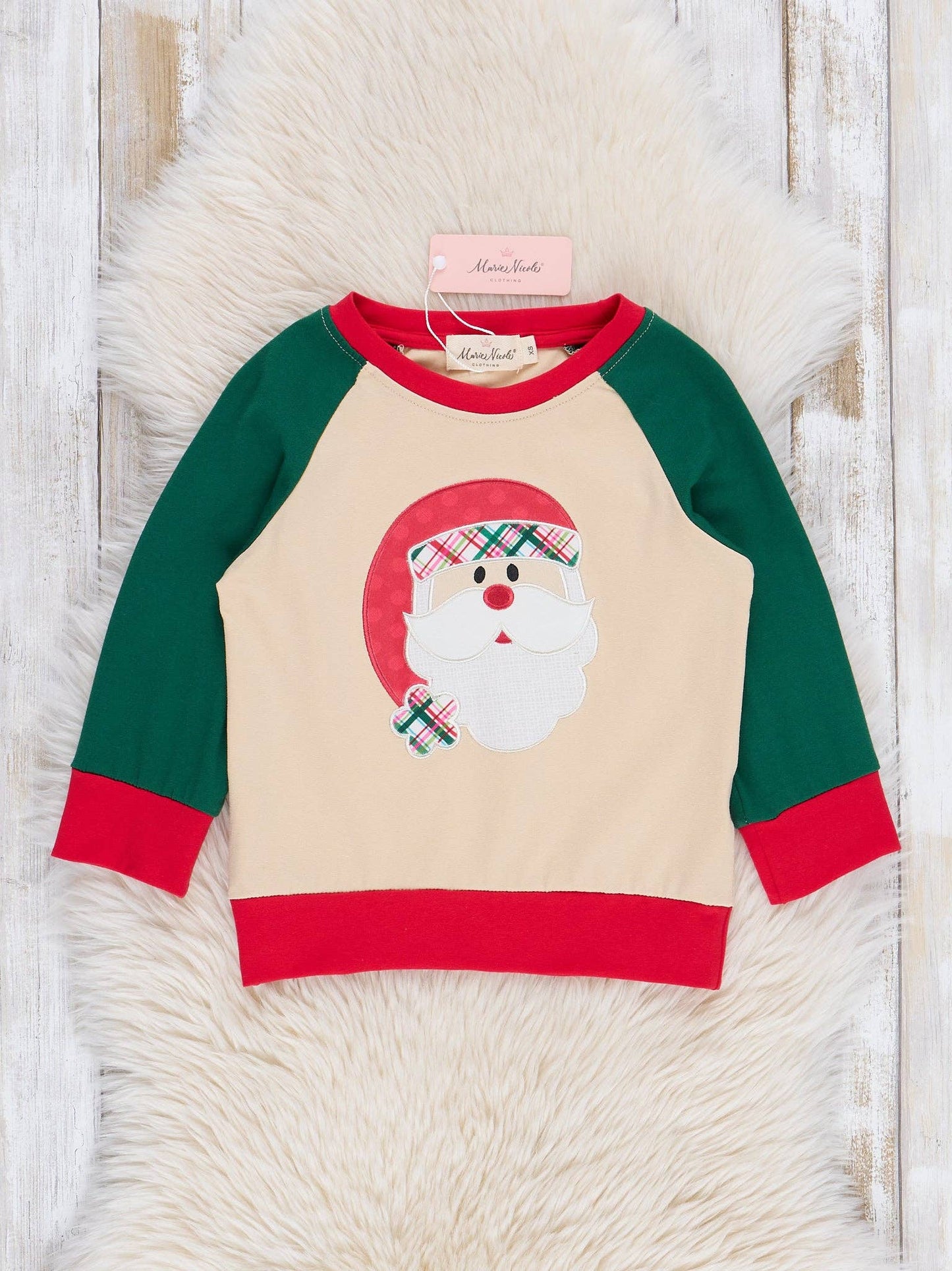 Tan & Green Raglan Embroidered Santa Shirt