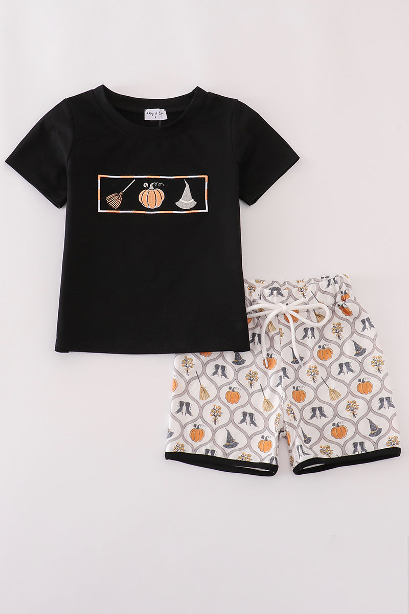 Black Halloween Embroidered Shirt Set