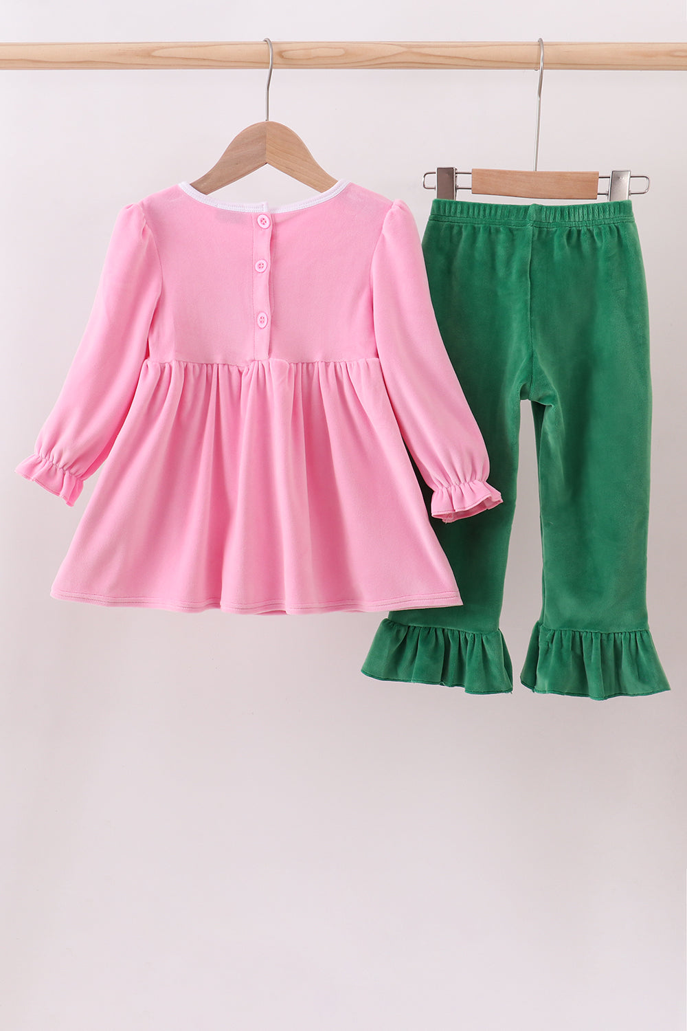 Pink Nutcracker Embroidery Velvet Ruffle Pants Set