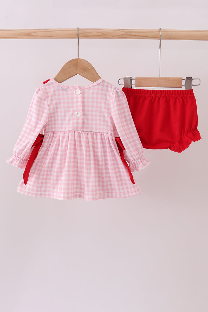 White and Pink Gingham Bloomer Set with Bow Embroidery