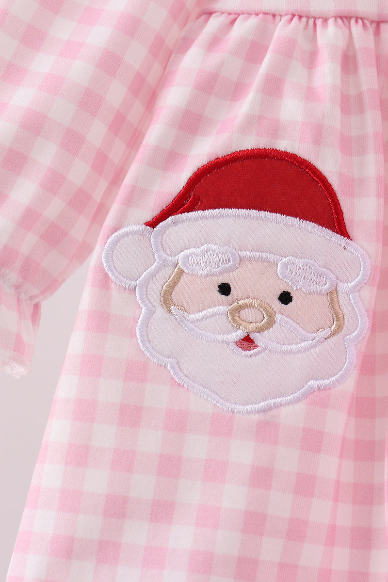 White and Pink Gingham Bloomer Set with Santa Claus Applique