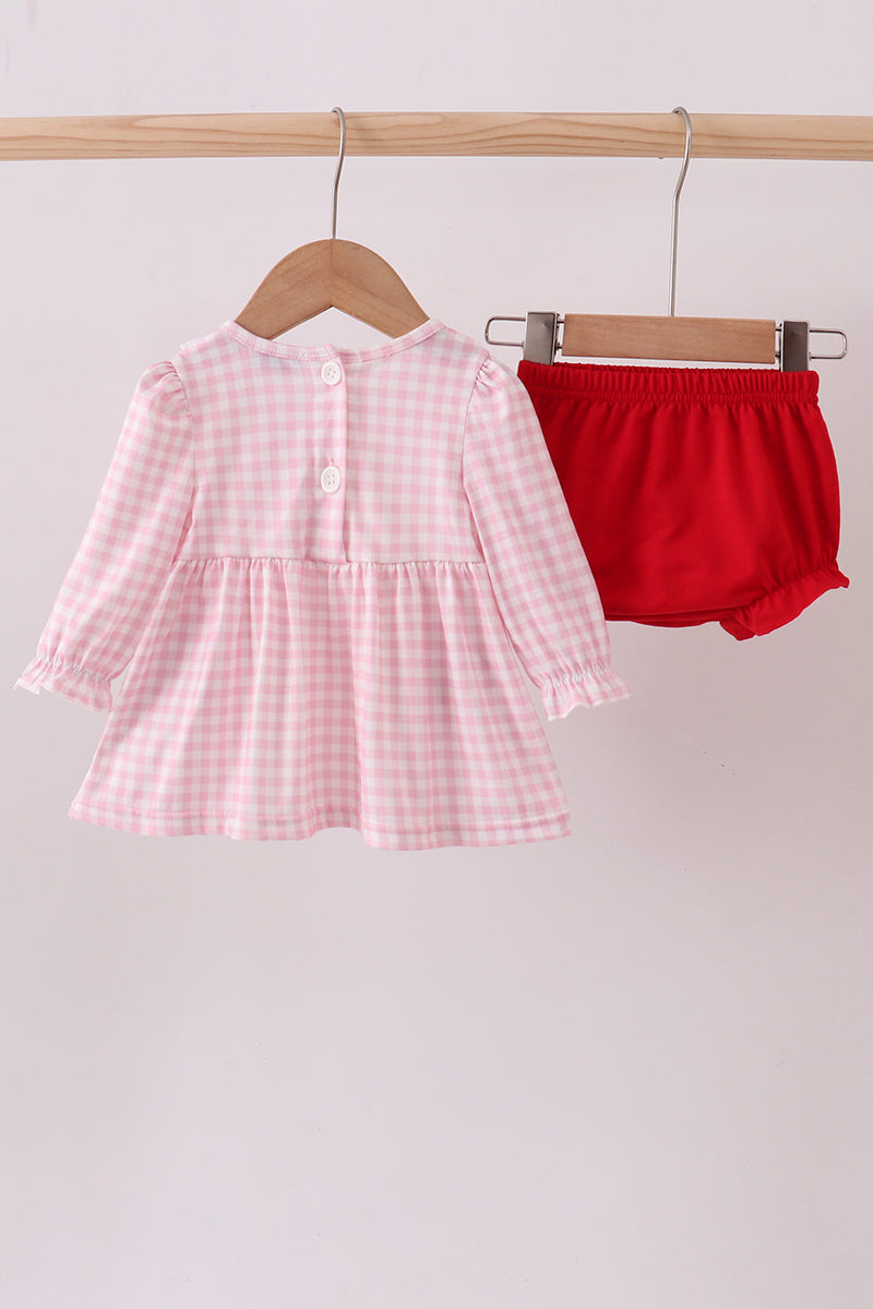 White and Pink Gingham Bloomer Set with Santa Claus Applique