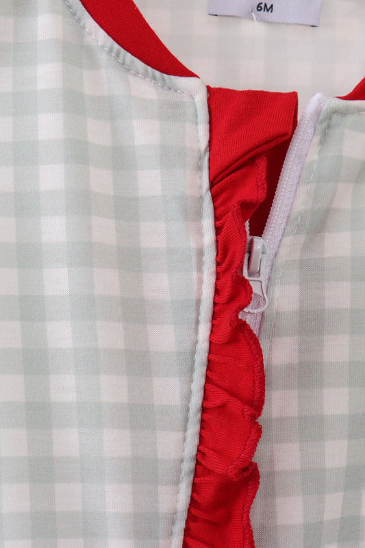 Sage and White Gingham Sleeper with Red Ruffle