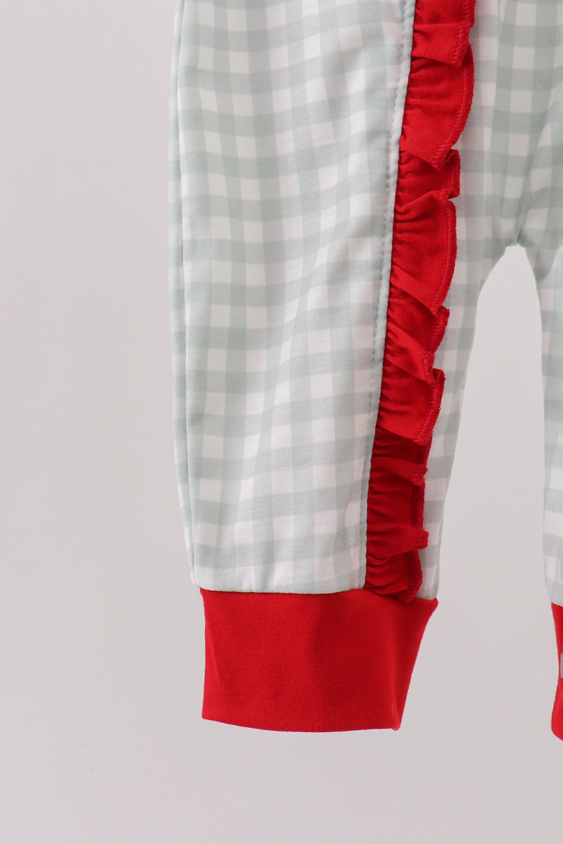 Sage and White Gingham Sleeper with Red Ruffle