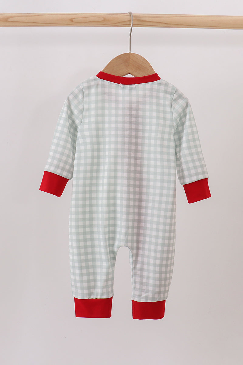 Sage and White Gingham Sleeper with Red Ruffle