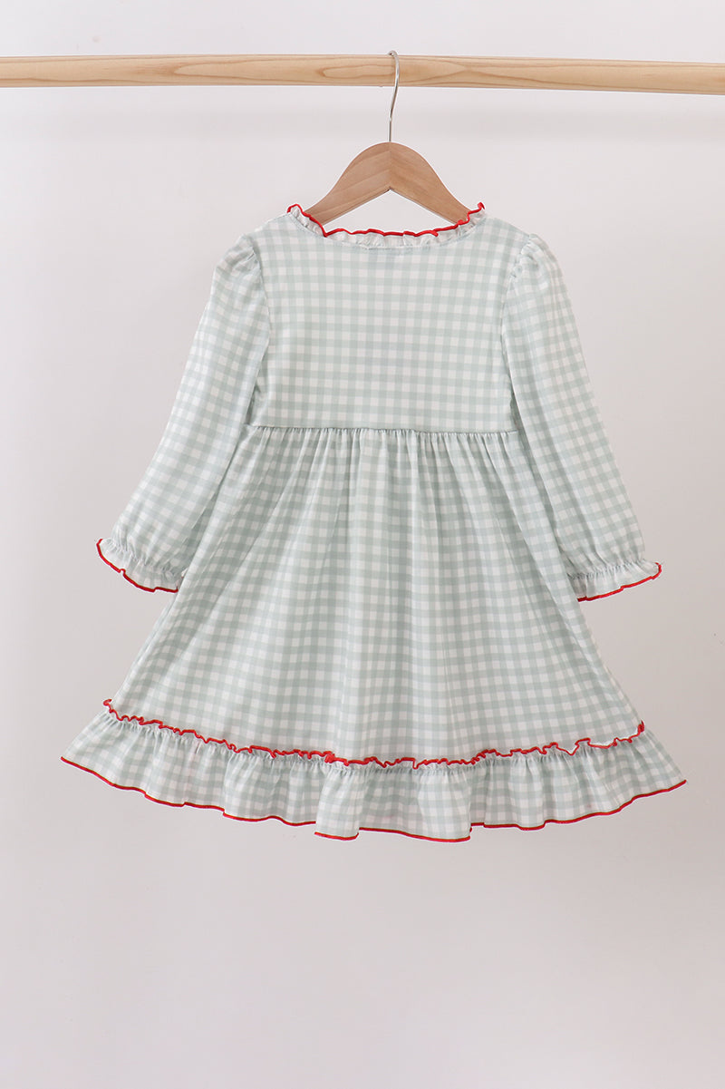 Sage and White Gingham Nightgown with Red Ribbon