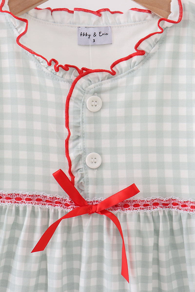 Sage and White Gingham Nightgown with Red Ribbon