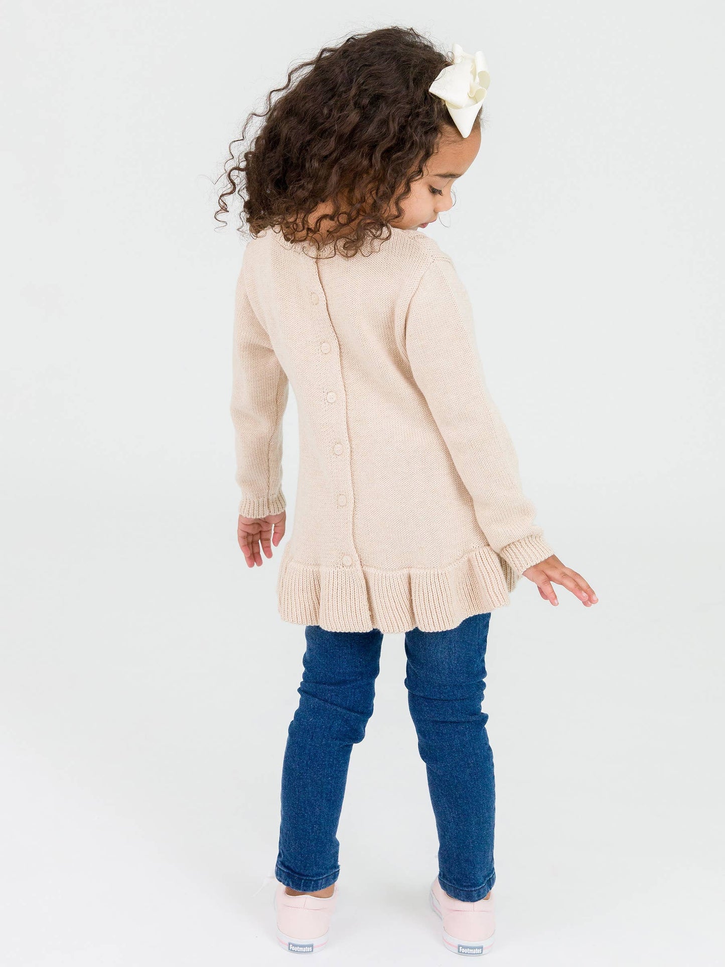 RB Girl Oatmeal Ruffle Knit Sweater Back Modeled