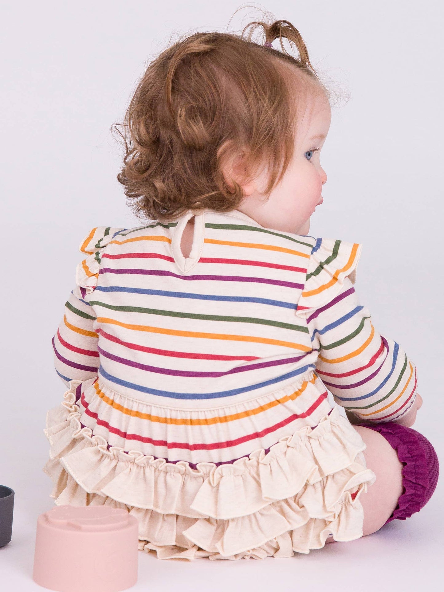 RB Girl Rainbow Ruffle Bubble Back Modeled