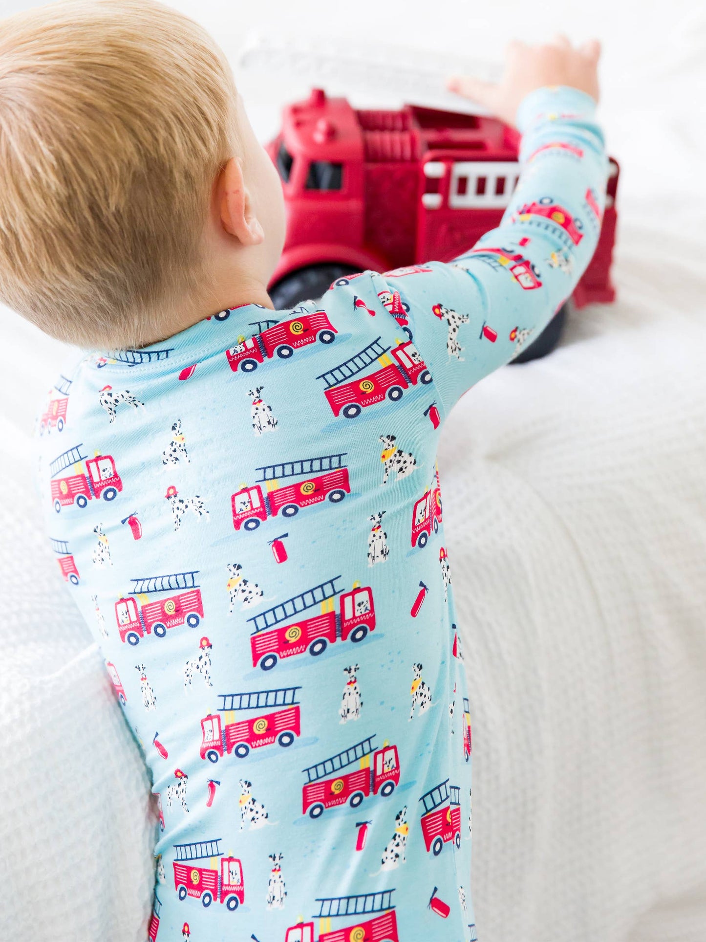 RB Boy Firetruck Pajamas Back Modeled