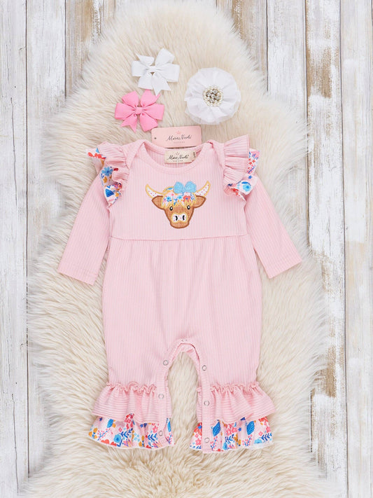 Pink Floral Embroidered Cow Ruffle Romper