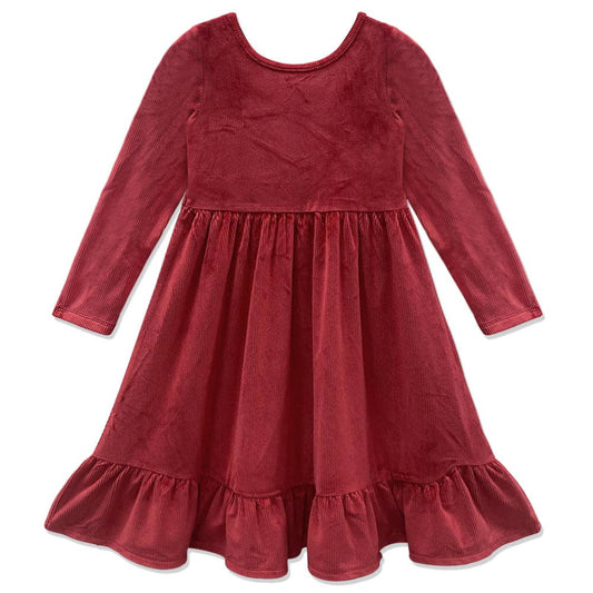 Girls Red Velour Ruffle-Hem Dress