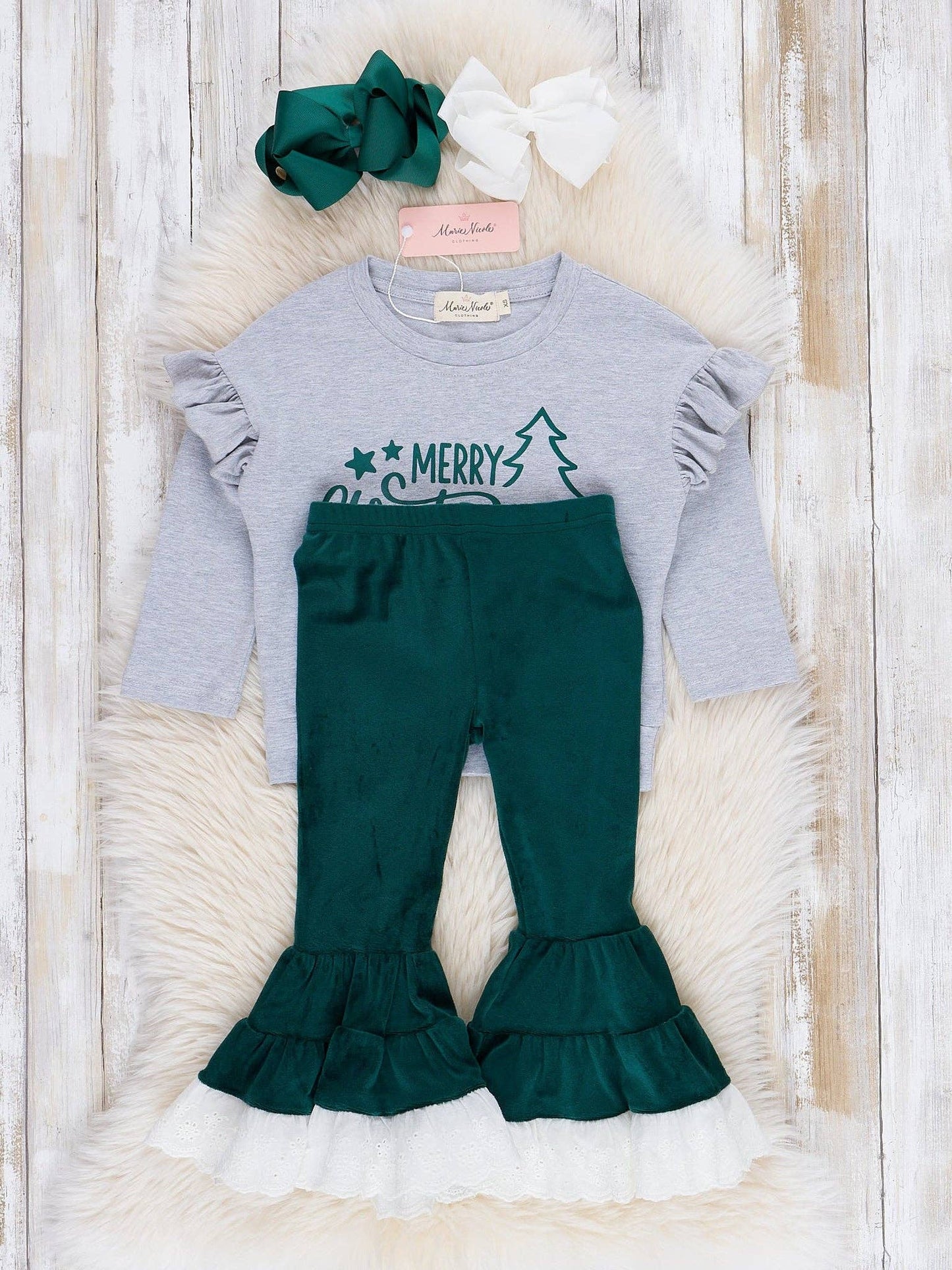 Emerald Merry Christmas Velvet Bell Bottom Outfit