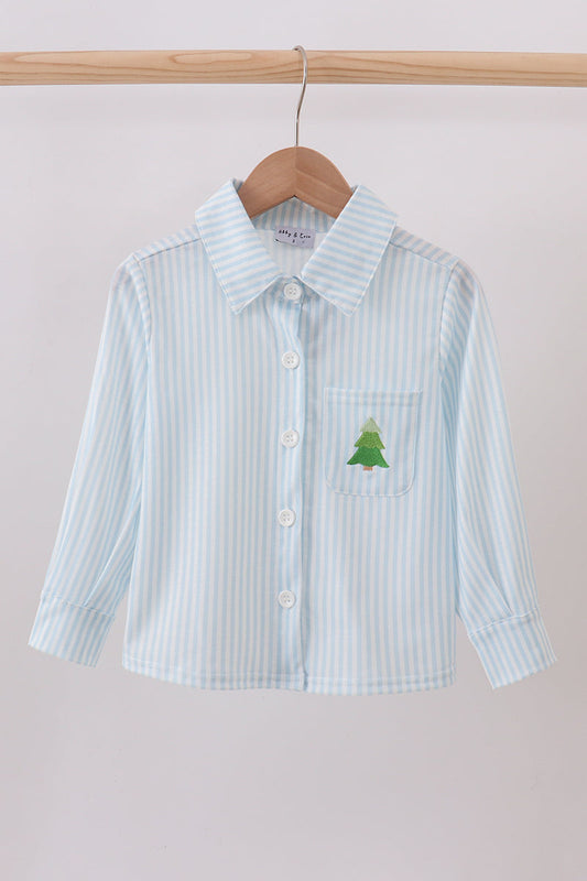 Long Sleeve Button Down with Embroidered Christmas Tree
