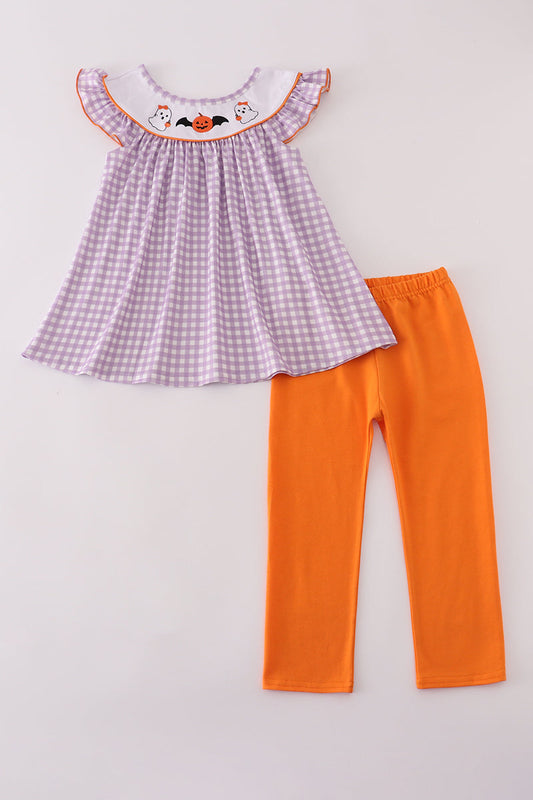 Purple Plaid Halloween Embroidered Pants Set