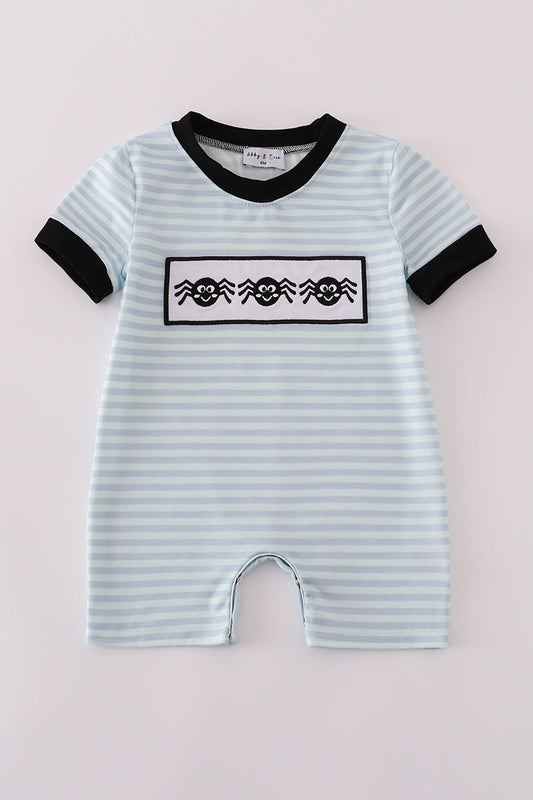 Blue Striped Halloween Romper with Spider Embriodered