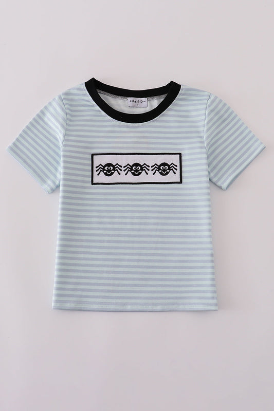 Blue Halloween Striped Shirt with Spiders Embriodered