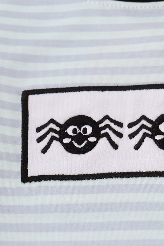 Blue Halloween Striped Shirt with Spiders Embriodered
