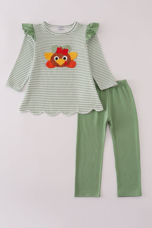 Green Striped Pants Set with French Knot Turkey