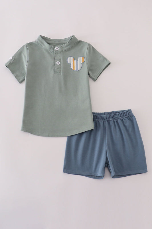 Green Micky Applique Shorts Set