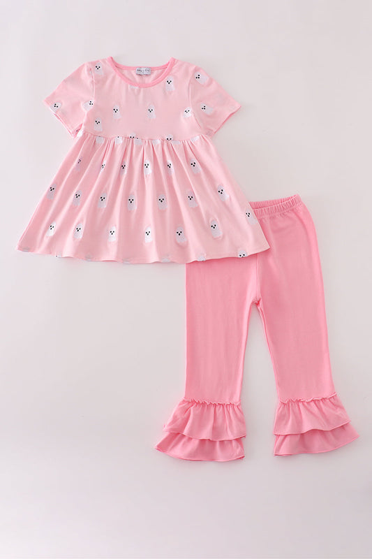 Pink Ghost Embroidered Pants Set