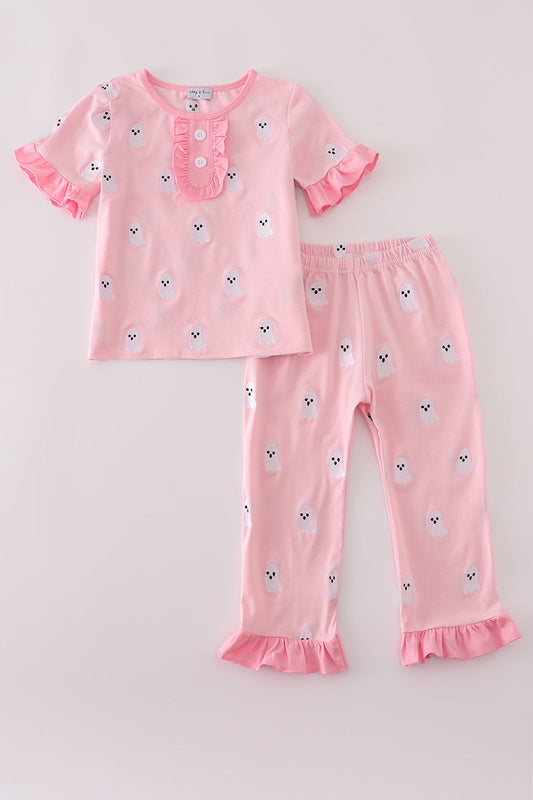 Pink Ghost Embroidered Pajama Set