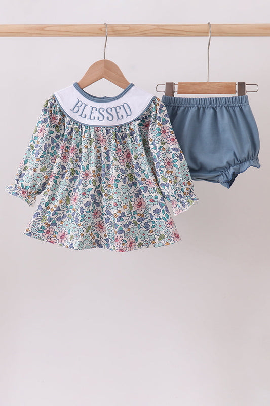 Smocked Floral Bloomer Set with Embroidered "Blessed"