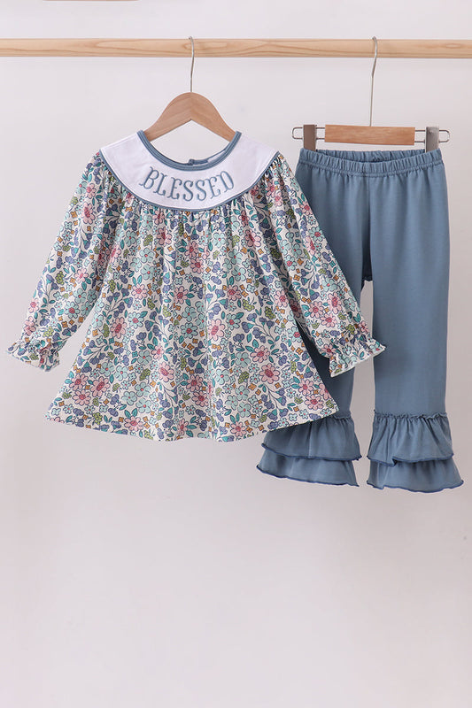 Smocked Floral Pants Set with Embroidered "Blessed"
