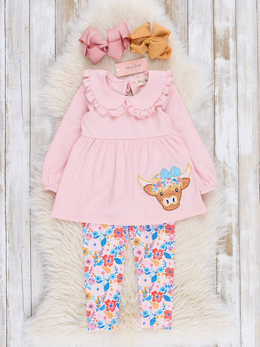 Pink Floral Embroidered Cow Ruffle Outfit