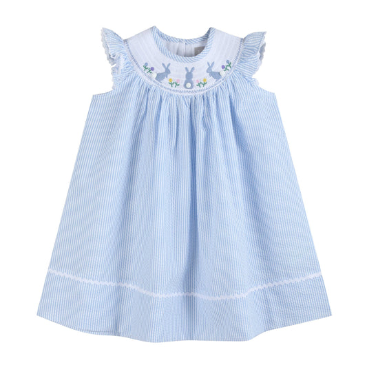 Light Blue Seersucker Smocked Bunny Dress Whole Front