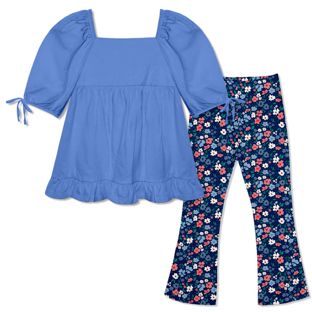 Girls Marina Blue Puff Sleeve Ruffle-Hem Top & Legging 