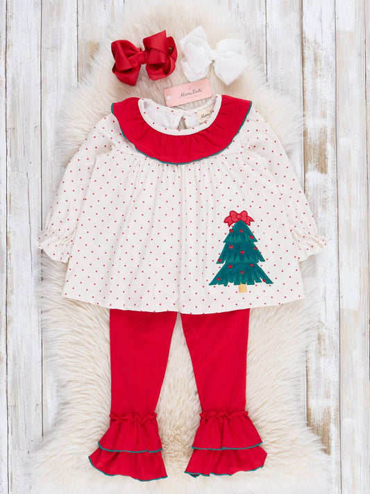 Red Dots Embroidered Trees Ruffle Outfit