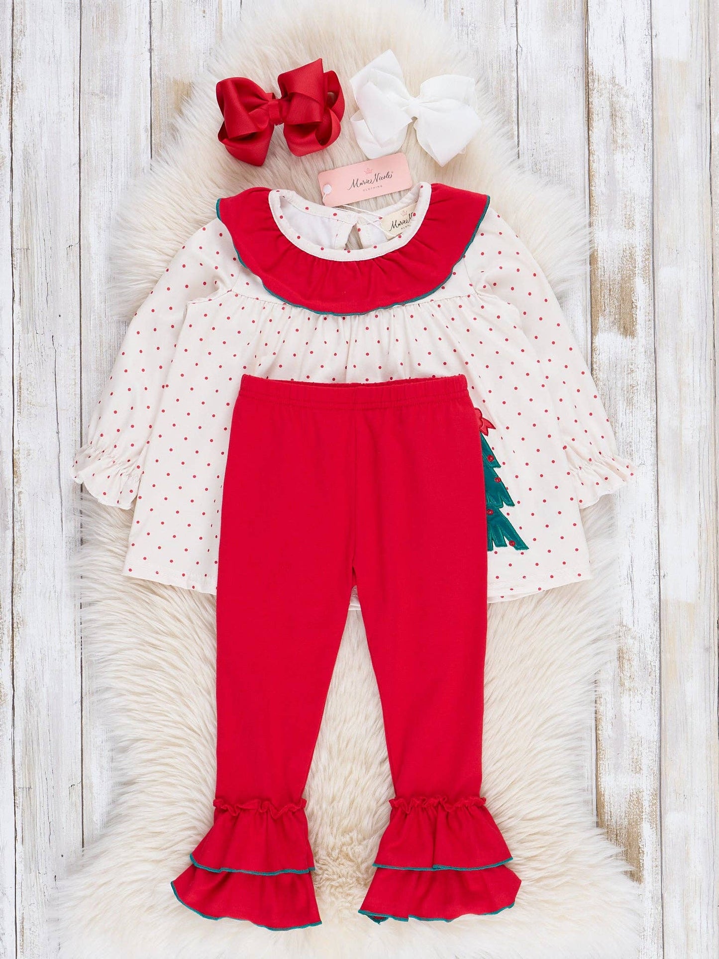 Red Dots Embroidered Trees Ruffle Outfit